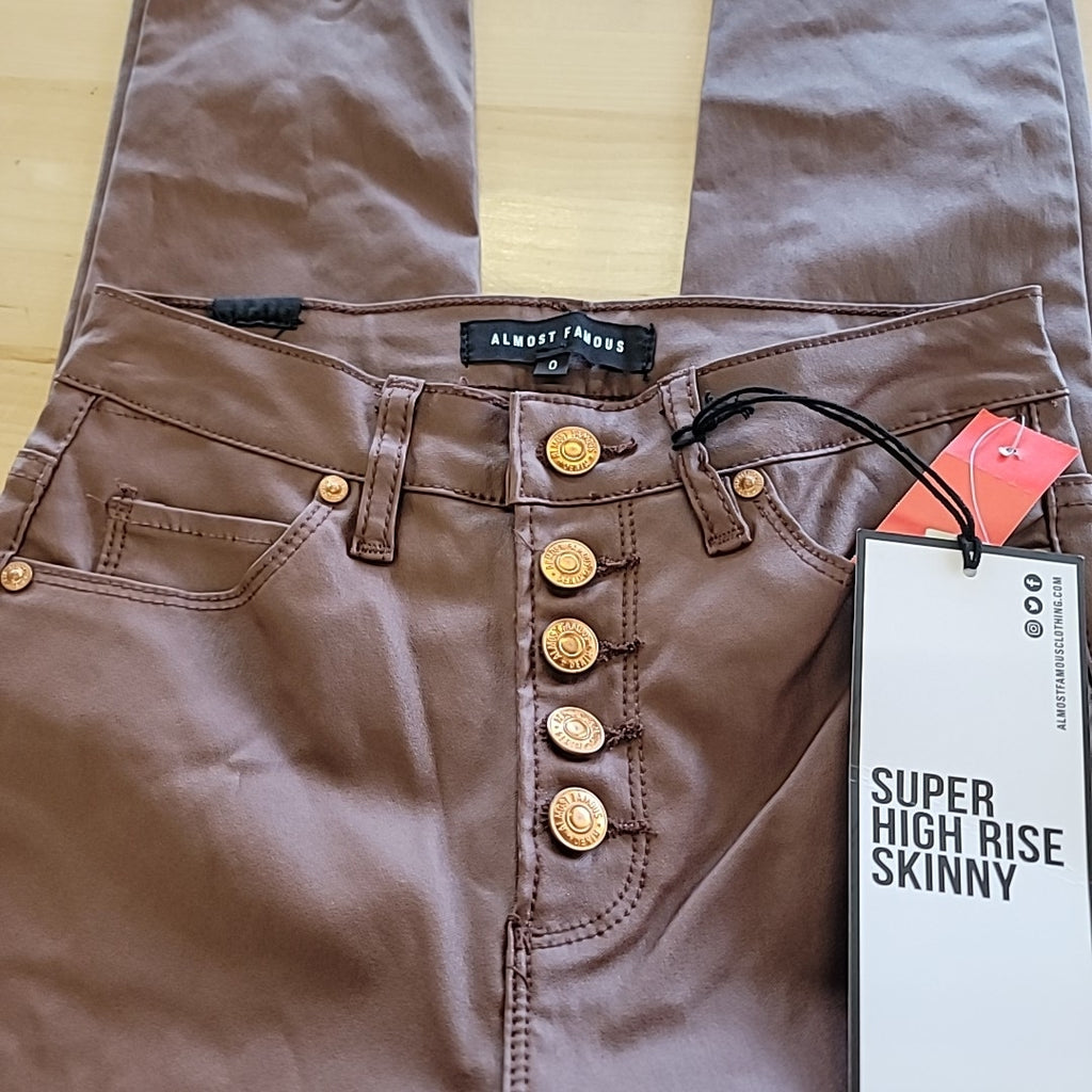 Almost Famous Size 0 Faux-Leather Exposed-Button High-Rise Skinny Brown Jeans
