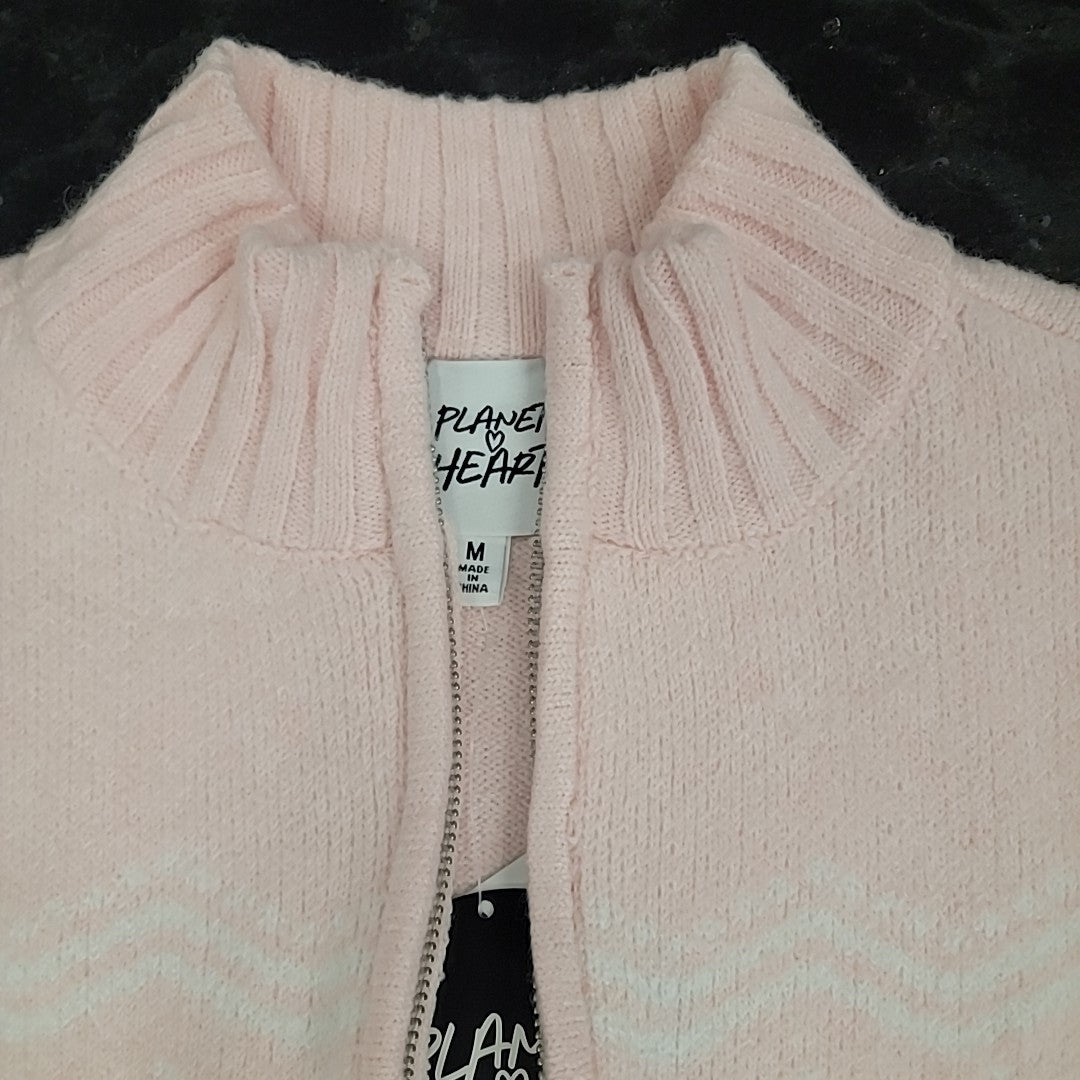 Planet Heart Size M Pink Fair Isle Zip-Front Sweater
