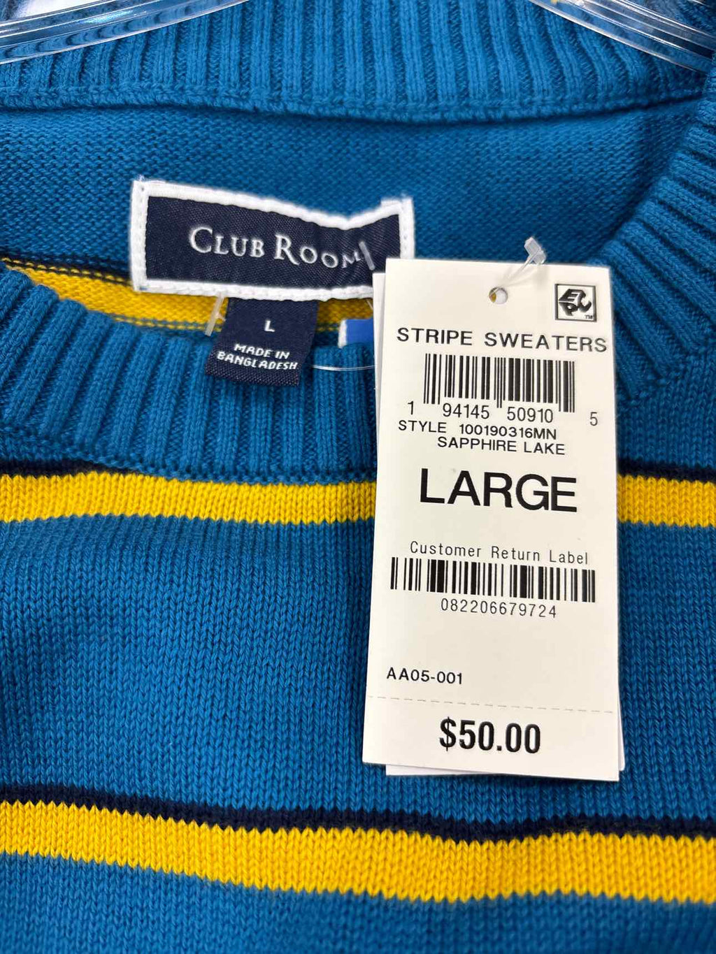 Male Club Room Men's Size L  Blue Prep Stripe Sweater - Sapphire Lake