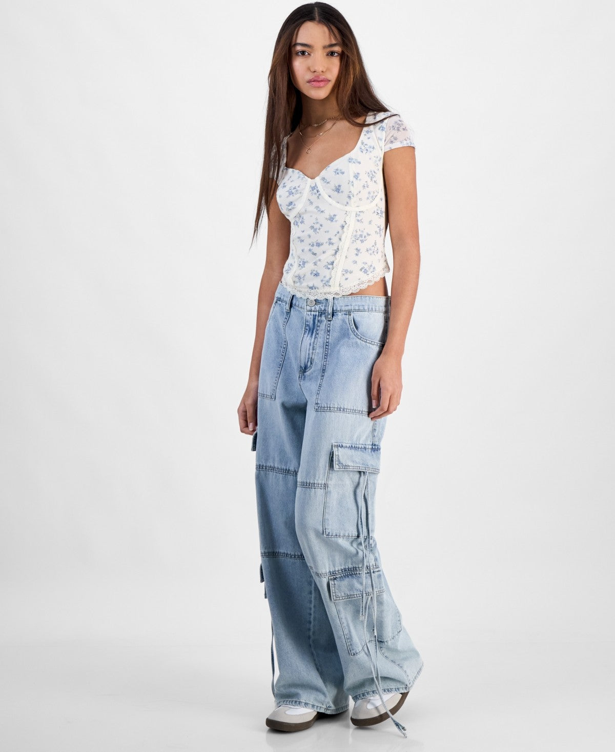 hippie rose Size XS Corset Short-Sleeve Mesh Top - White Floral