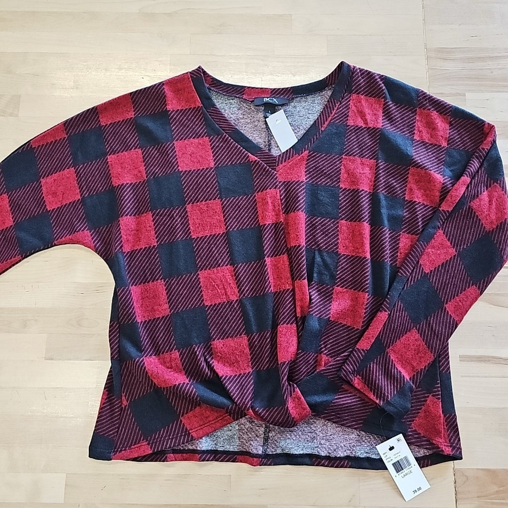Bxc Juniors' Buffalo Check Twist-Front Dolman-Sleeve Top - Pat N
