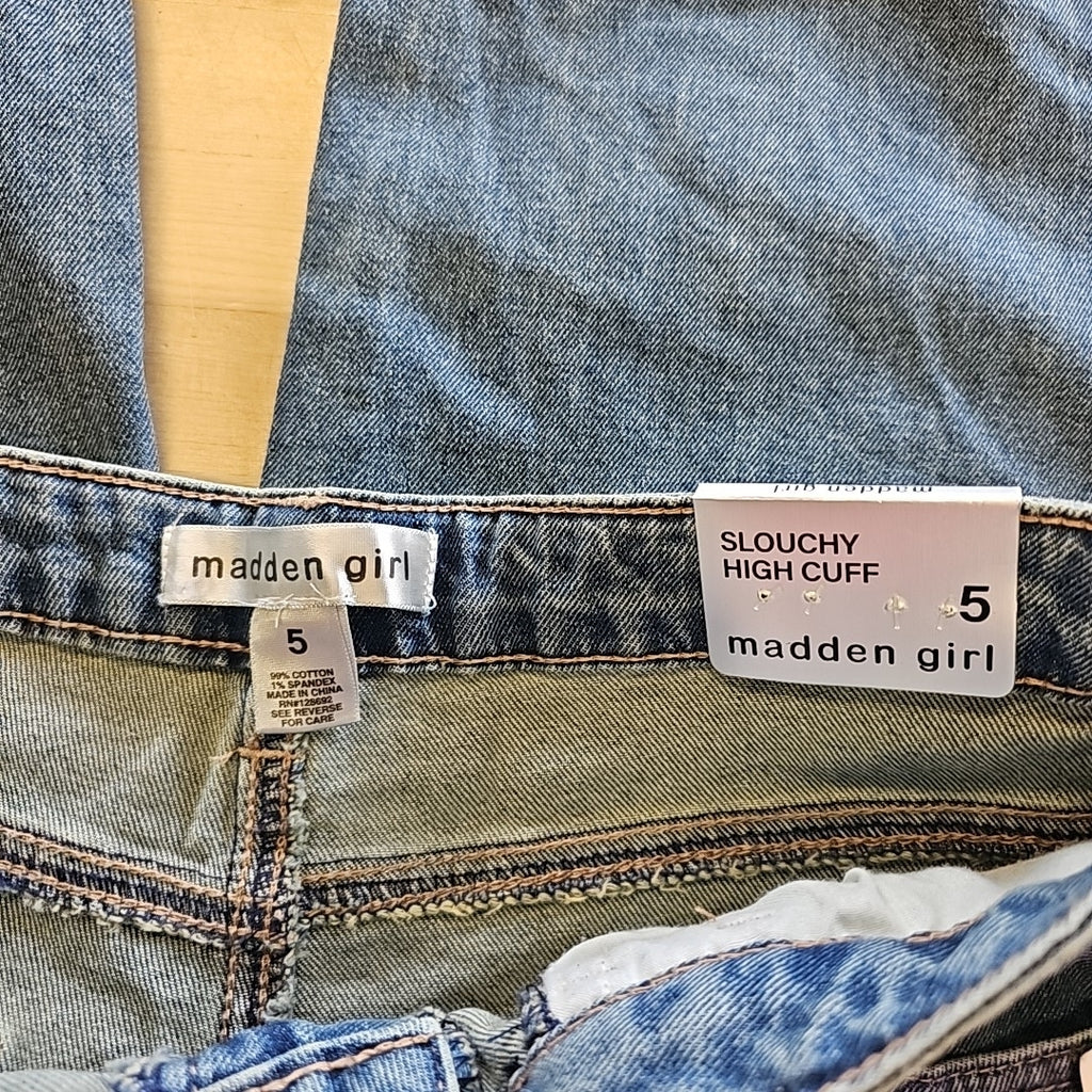 Madden Girl Juniors' High-Rise Slouchy Wide-Leg Cuffed Jeans - Medium Wash - 5