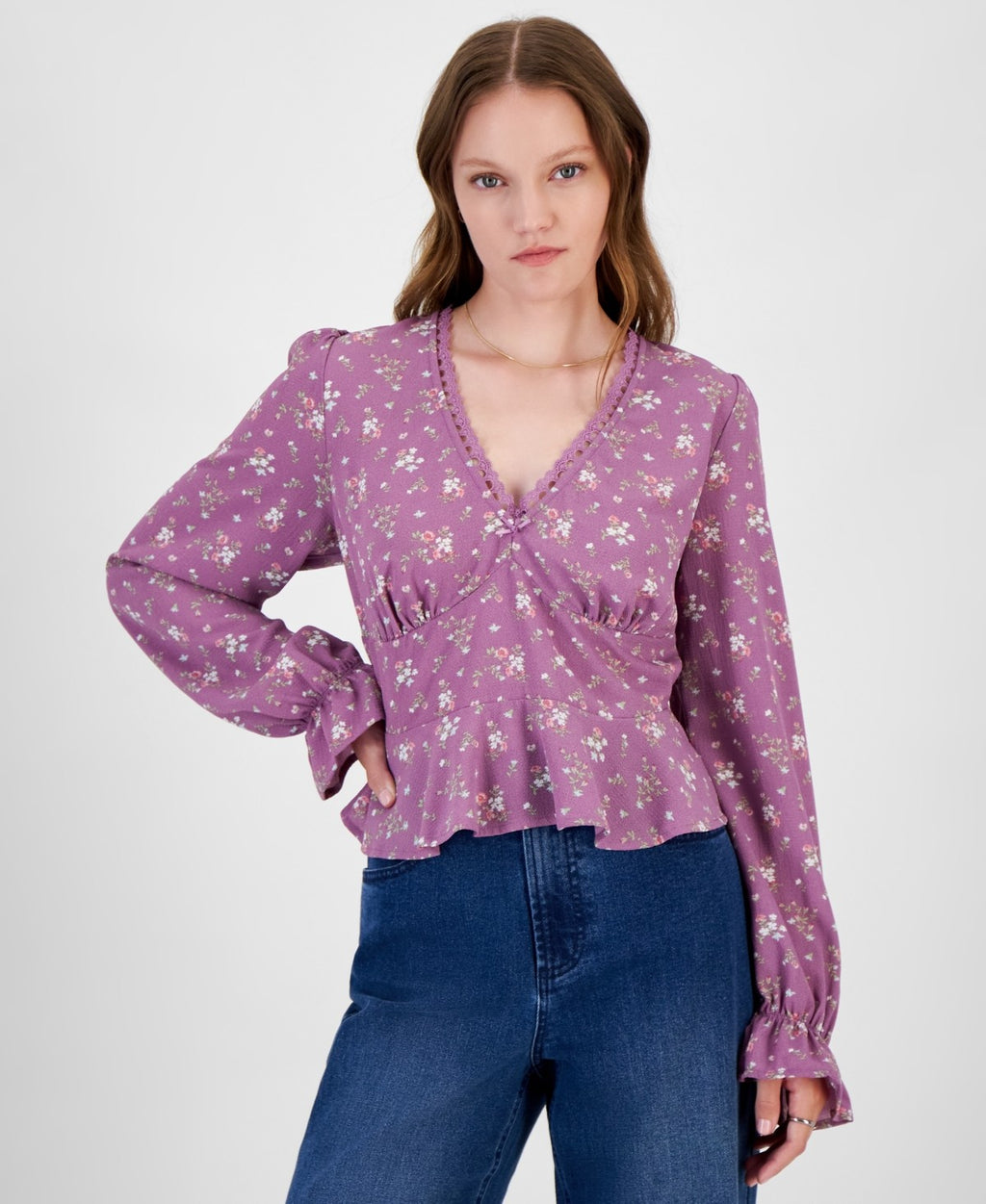 Celebrity Pink Juniors' Size S V-Neck Printed Peplum Long Sleeve Top