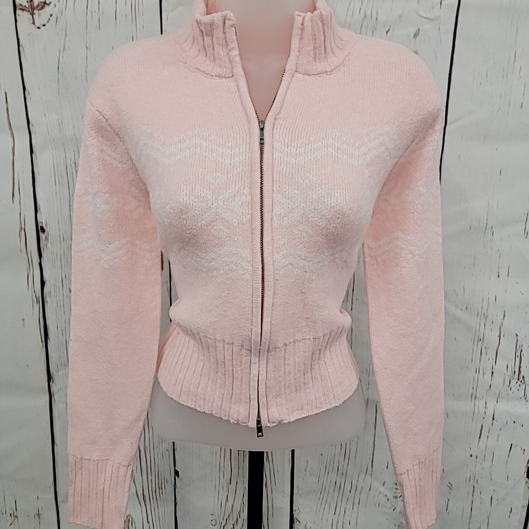 Planet Heart Size M Pink Fair Isle Zip-Front Sweater