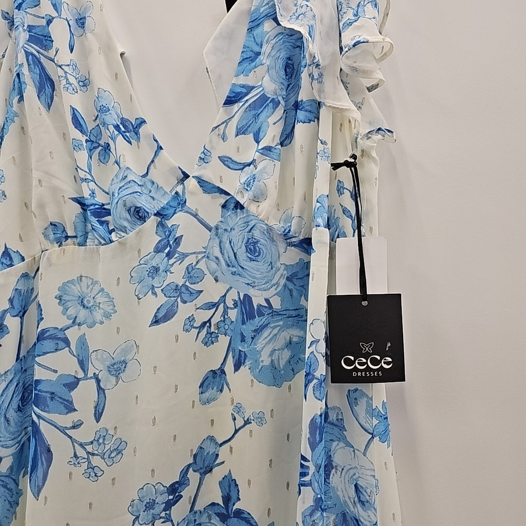 CeCe Women's Printed V-Neck Flutter-Sleeve Chiffon Dress - Blue Air