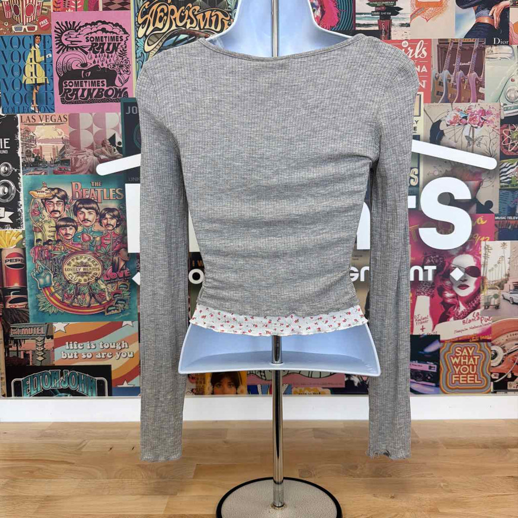 Just Polly Size S Layered-Look Long Sleeve Cardigan - Grey Ditsy