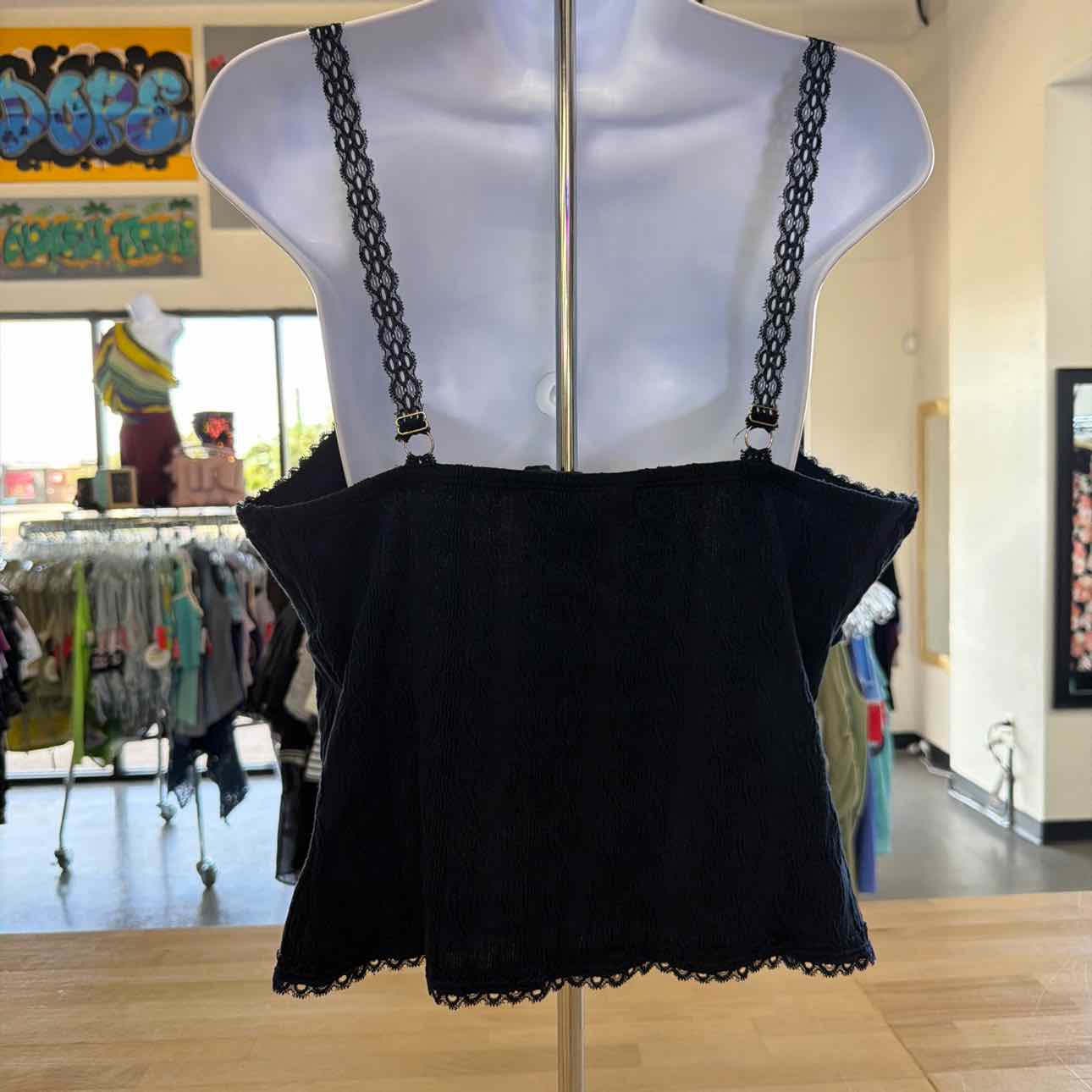 Just Polly Size XL Textured-Knit Lace-Trim Cami Top - Navy