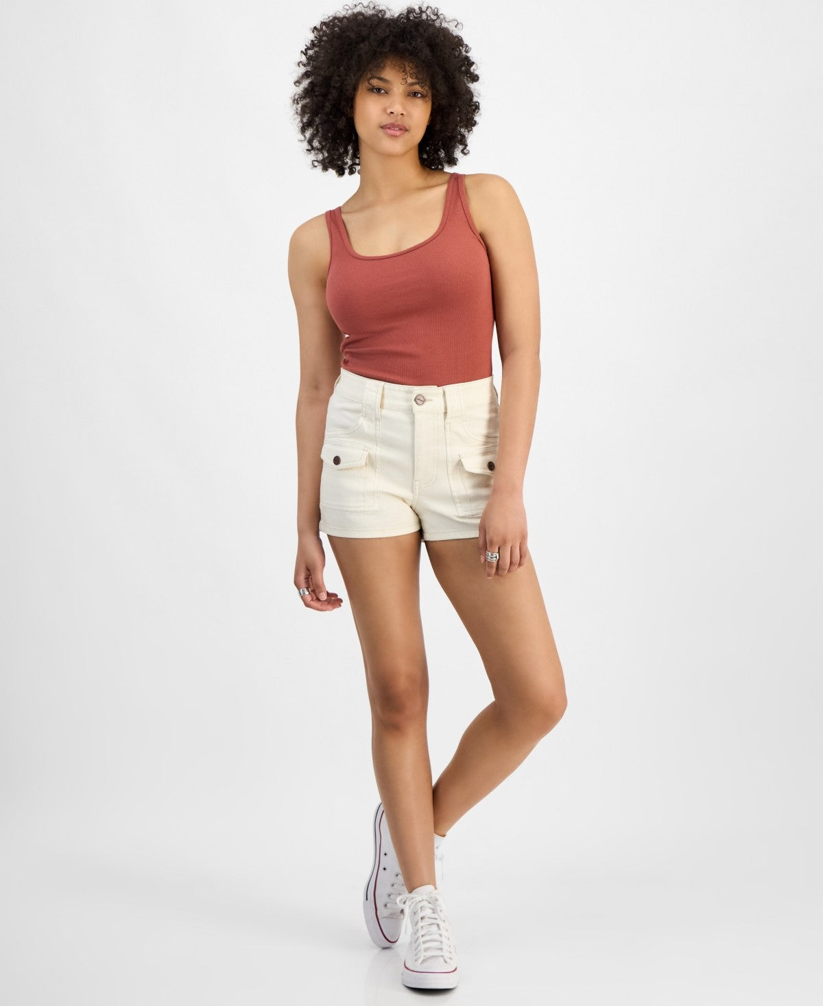 Dollhouse Juniors' High Rise Cargo Shorts - Vanilla - 1/2