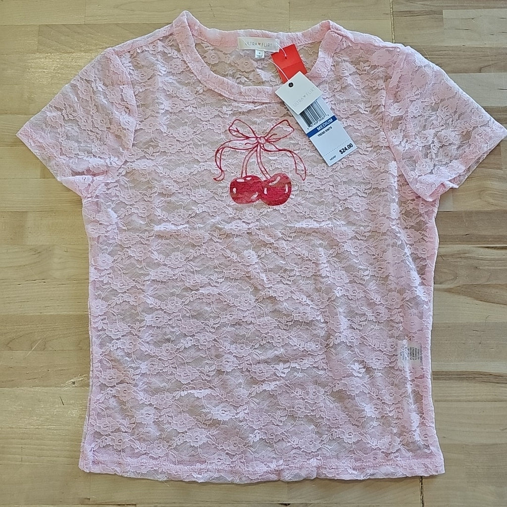 Ultra Flirt Juniors' Graphic Lace Tee - Ballet Slipper