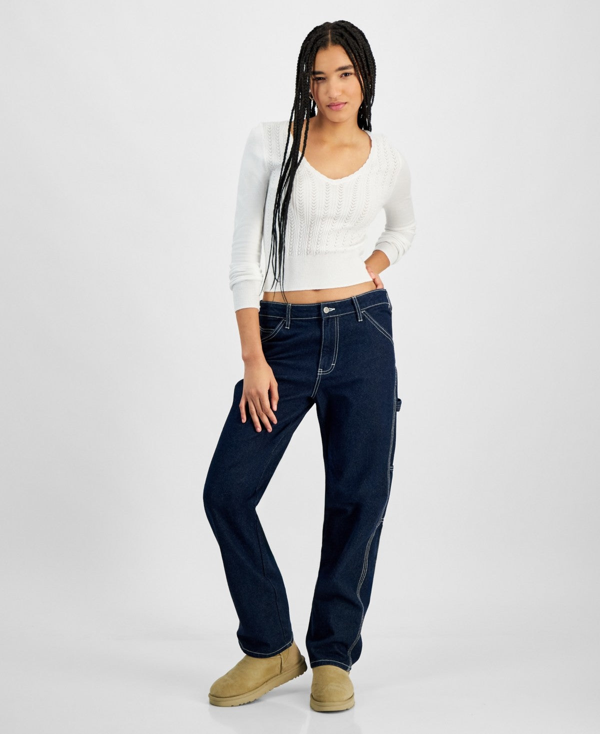 hooked up Size L Pointelle V-Neck Long-Sleeve Sweater