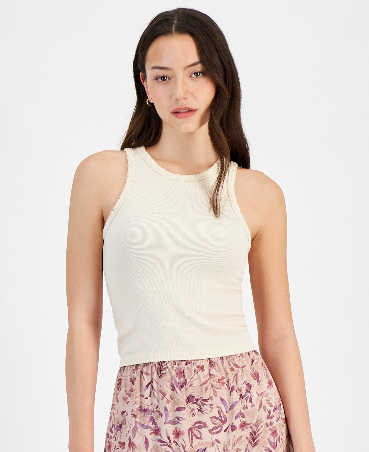 Planet Heart Juniors Distressed Ribbed Seamless Tank Top Tan L