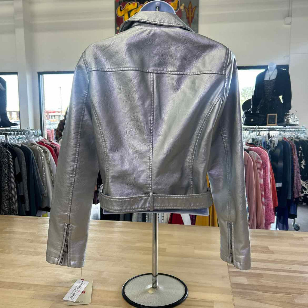 Levi's Women's Faux-Leather Belted Hem Moto Jacket - Silver Small