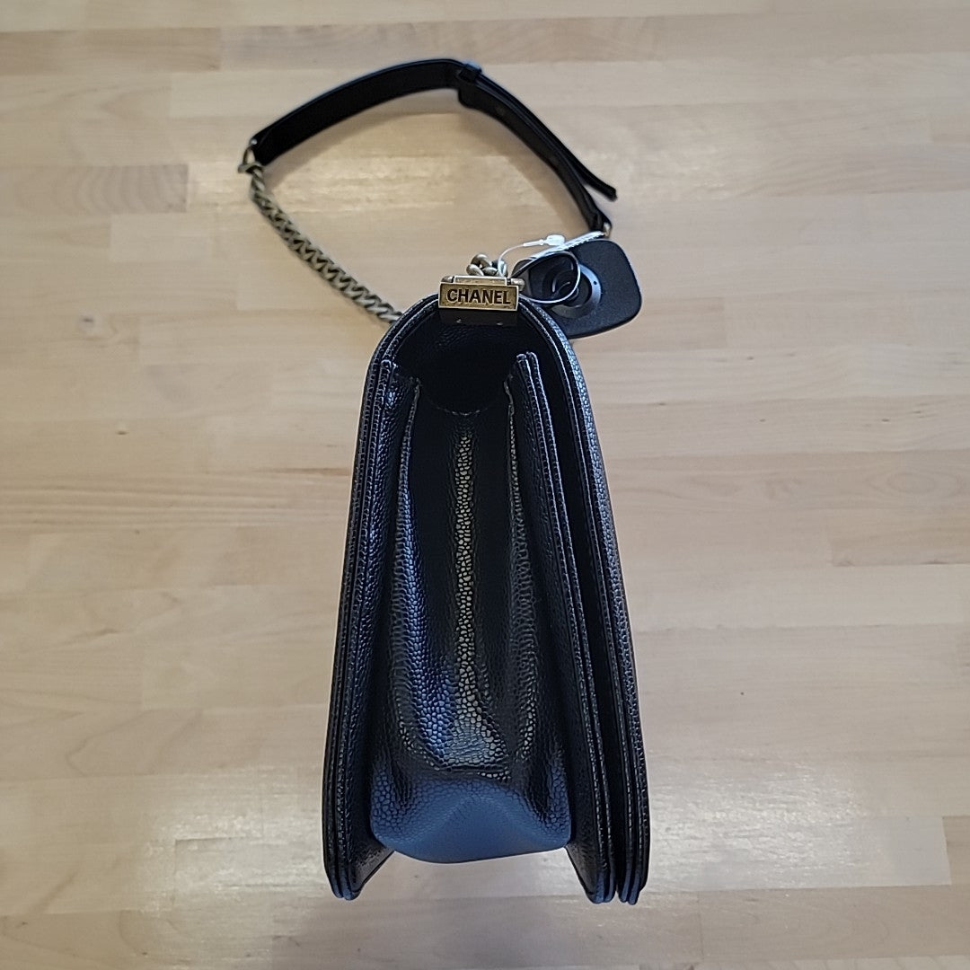Chanel Large Boy Bag in Black Pebbled Leather with Antique Gold Tone Chain Strap
