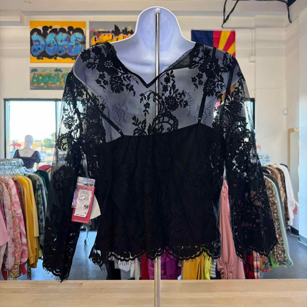 Vince Camuto, Womens, Scalloped Hem Round Neck Long, Rich Black, Small