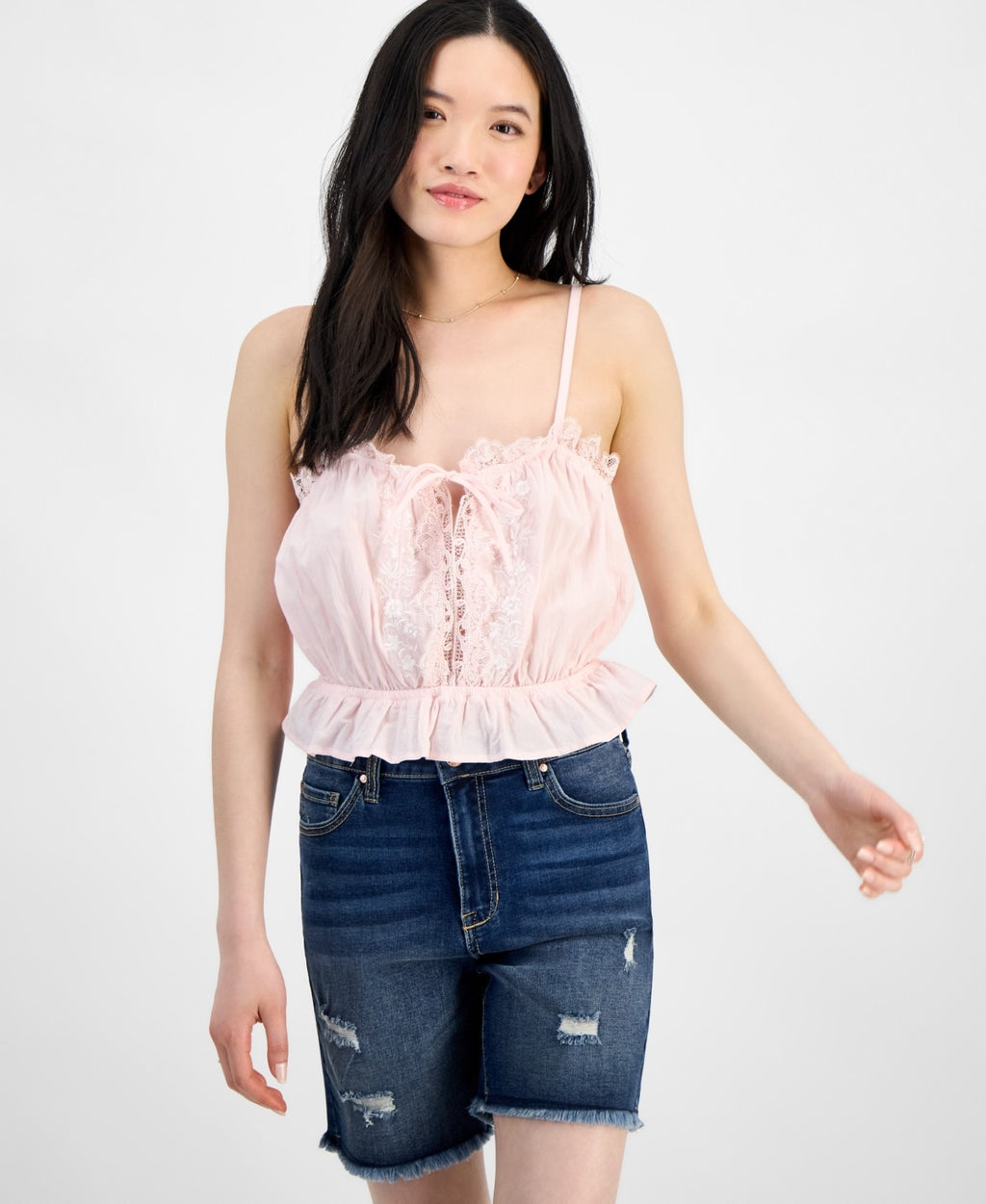 Self E Size L Lace-Trim Embroidered Peplum Tank Top - Tender Touch/White