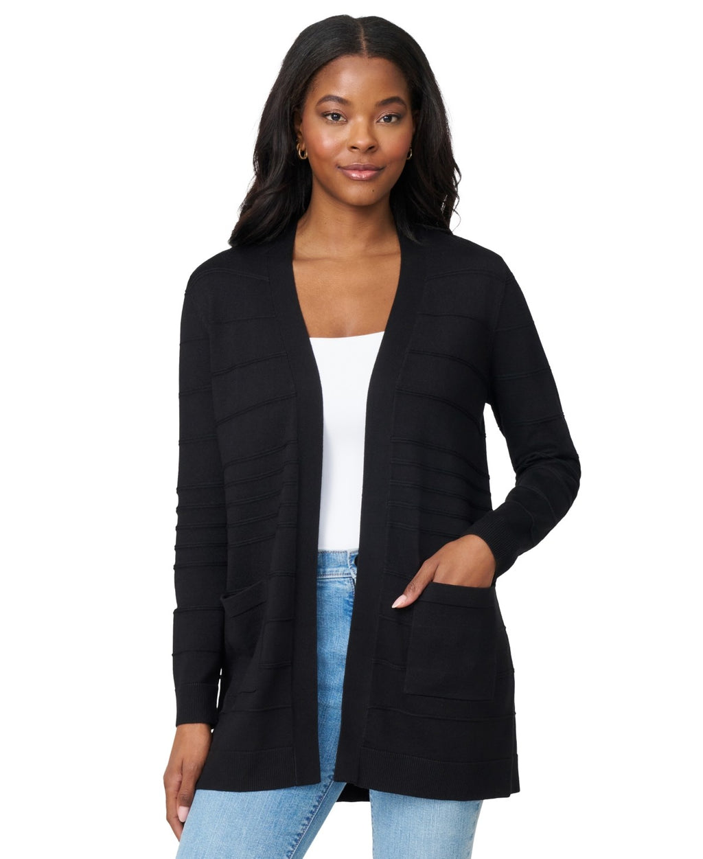 Melissa Paige Women's Ribbed Open-Front Long Cardigan - Jet Bla