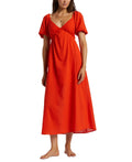 billabong Size M Love Fade Puff-Sleeve Cotton Maxi Dress - Sunset Red