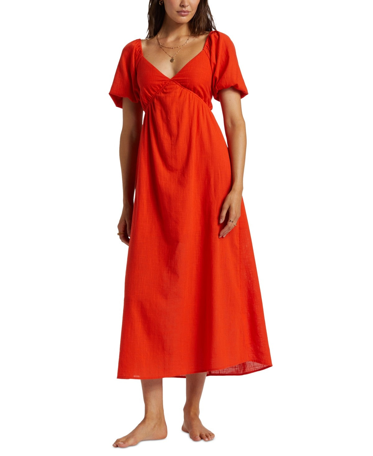 billabong Size M Love Fade Puff-Sleeve Cotton Maxi Dress - Sunset Red