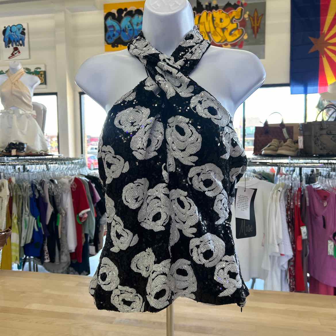 Muse Size 4 Black/White Sequined New Halter