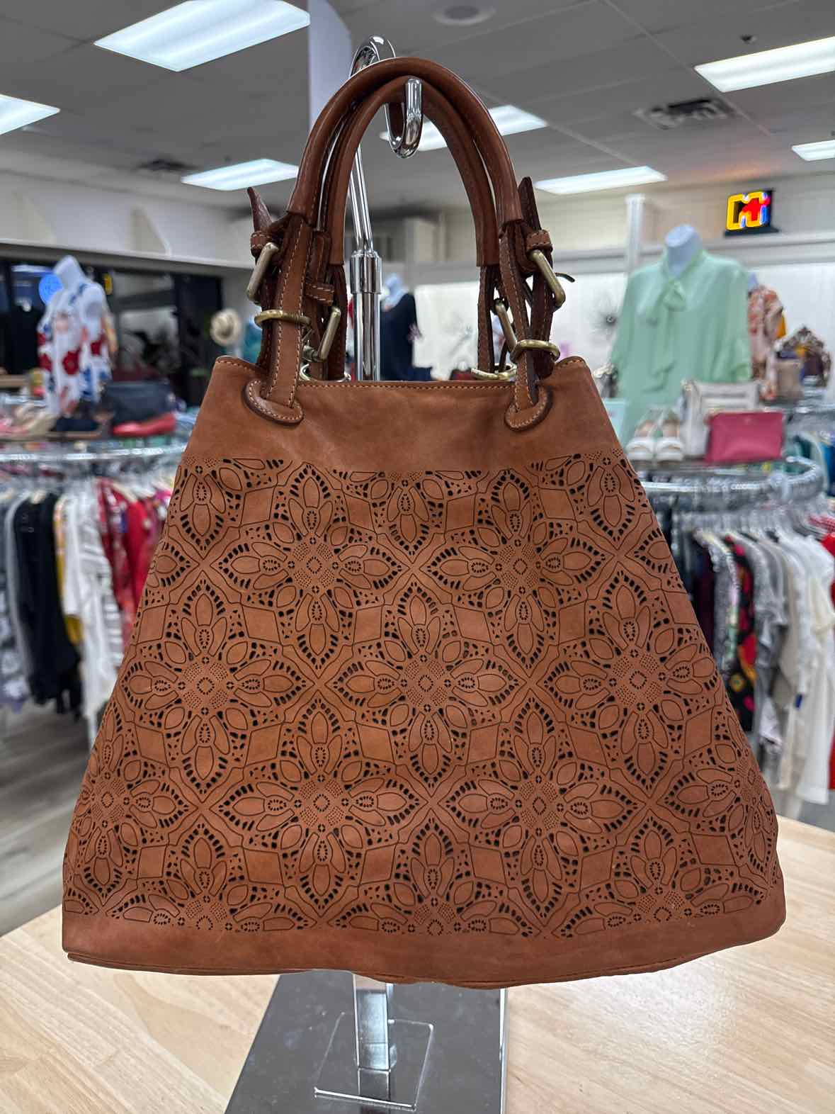 Sundance Tan Laser Cut Leather Boho Preloved Handbag