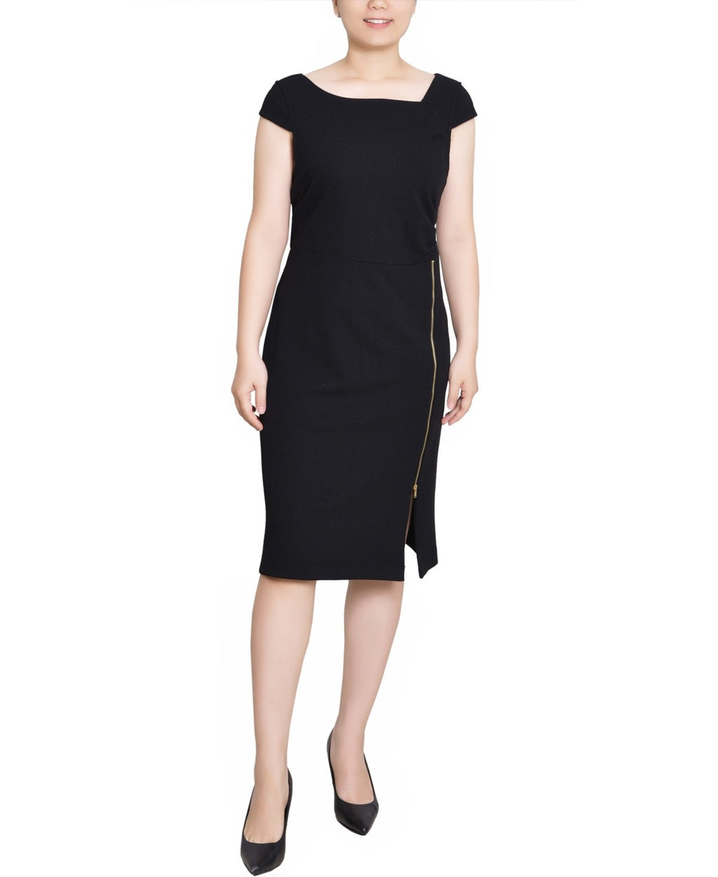 NY Collection Size PL Petite Cap Sleeve Exposed Zipper Dress - Black