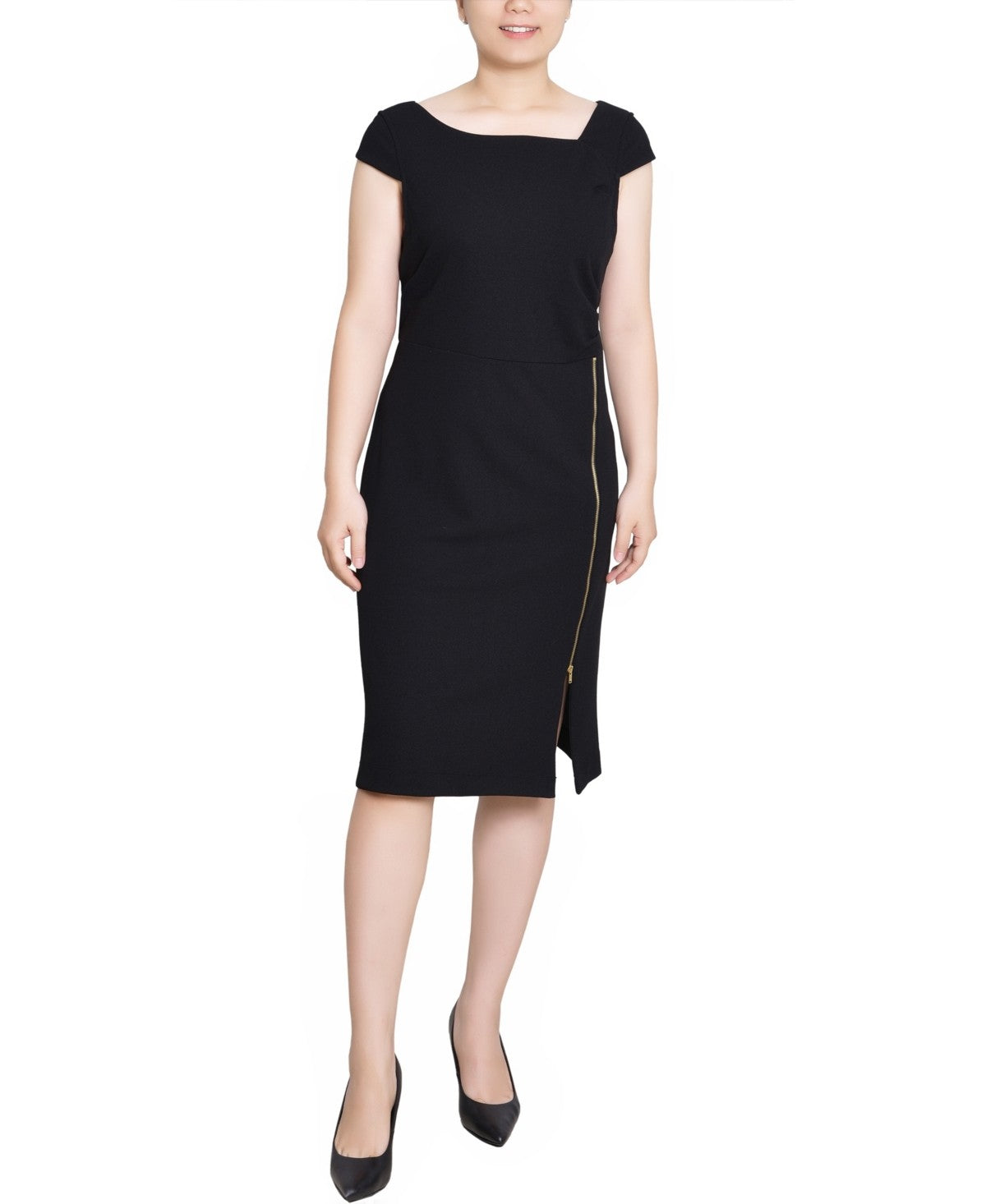 NY Collection Size PL Petite Cap Sleeve Exposed Zipper Dress - Black