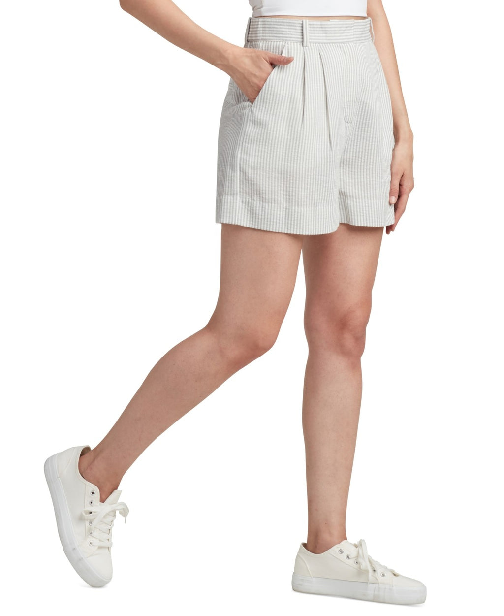 Bcx Juniors' Striped Pleat-Front Mid-Rise Shorts - Grey - 5