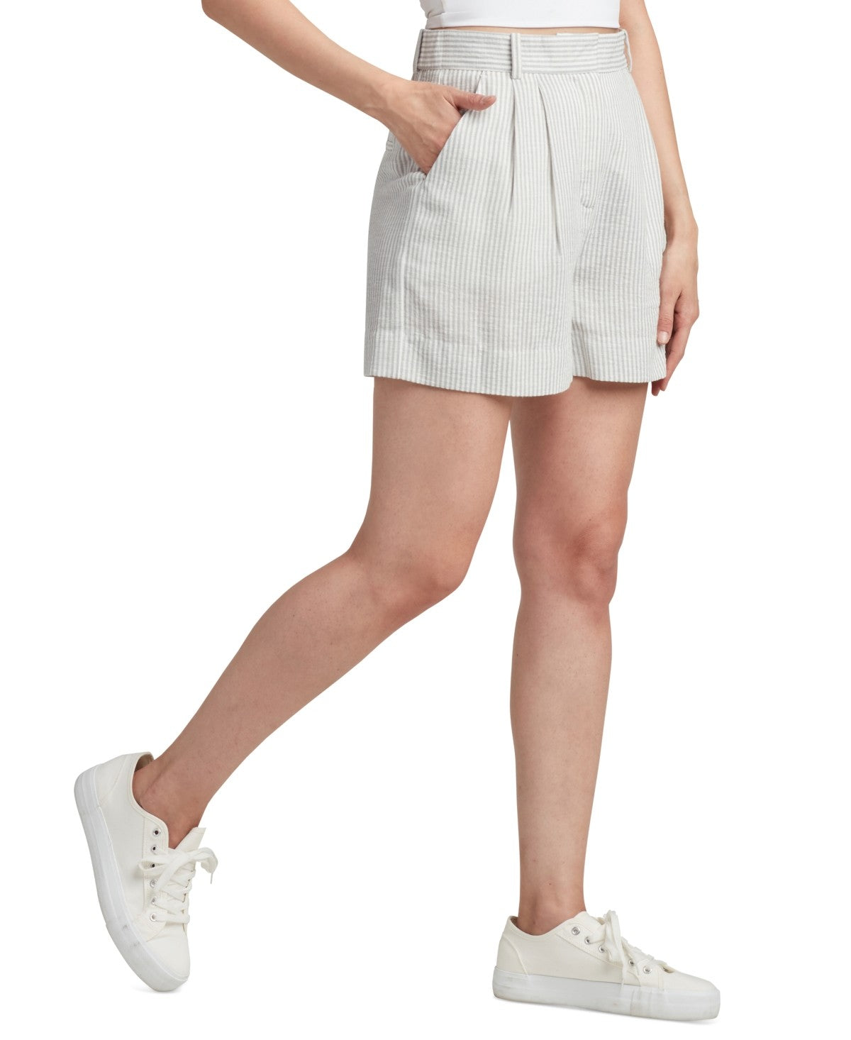 Bcx Juniors' Striped Pleat-Front Mid-Rise Shorts - Grey - 5