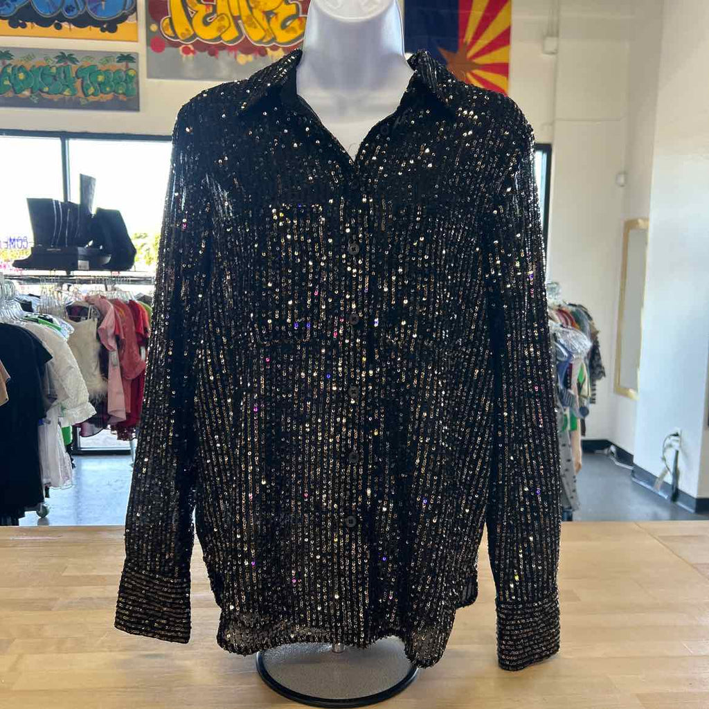 Anthropologie Size S Black Gold Sequined Preloved Button Down LS
