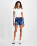 Indigo Rein Juniors' Distressed Drawstring Denim Shorts - Dark Wash - 3