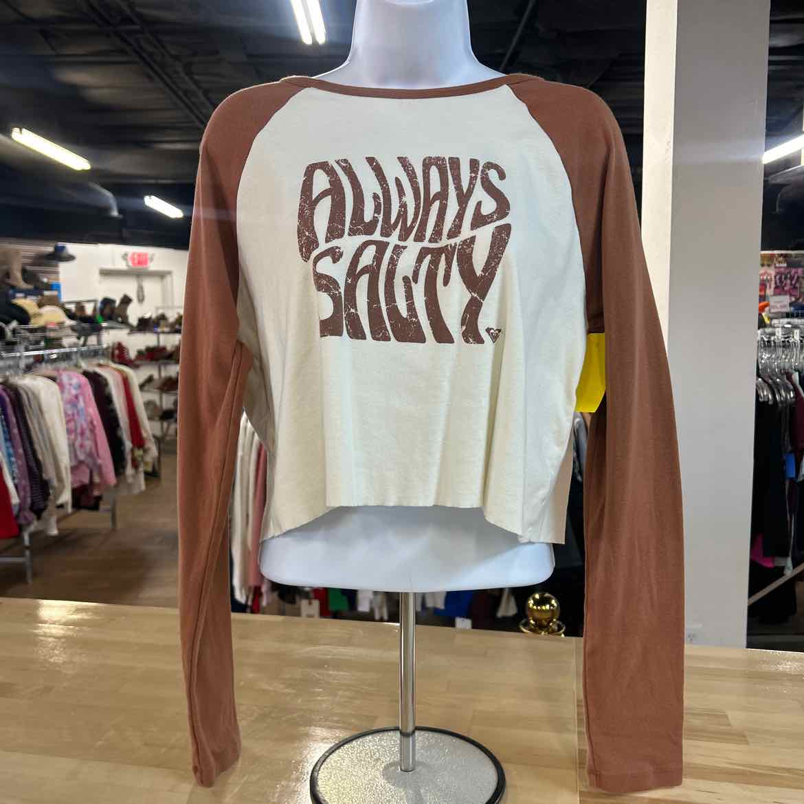 Roxy Size M White Brown Preloved T-Shirt LS