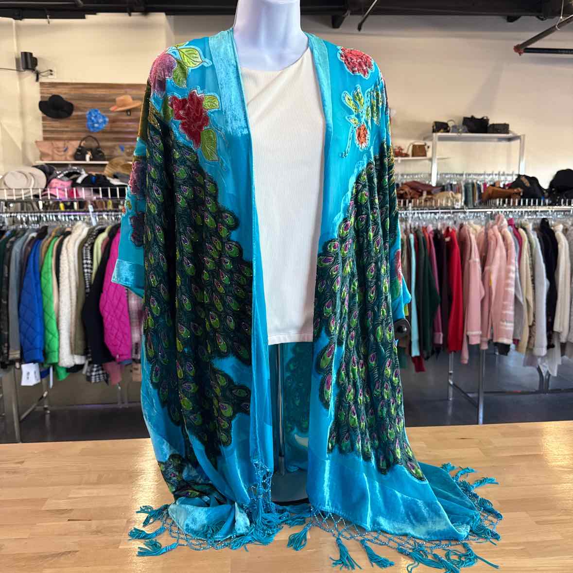 Blue Turquoise Velvet and Beaded Duster with Peacock Floral Pattern
