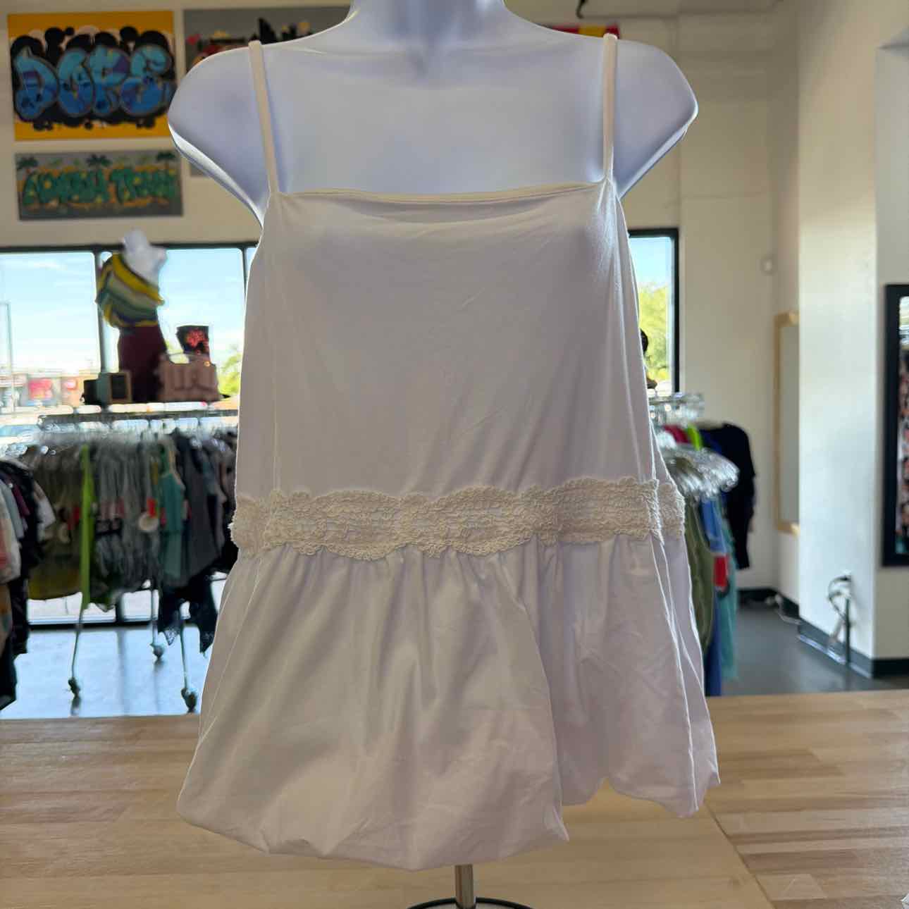 BCX Size XL Poplin Bubble-Peplum Square-Neck Top - Off White NWT