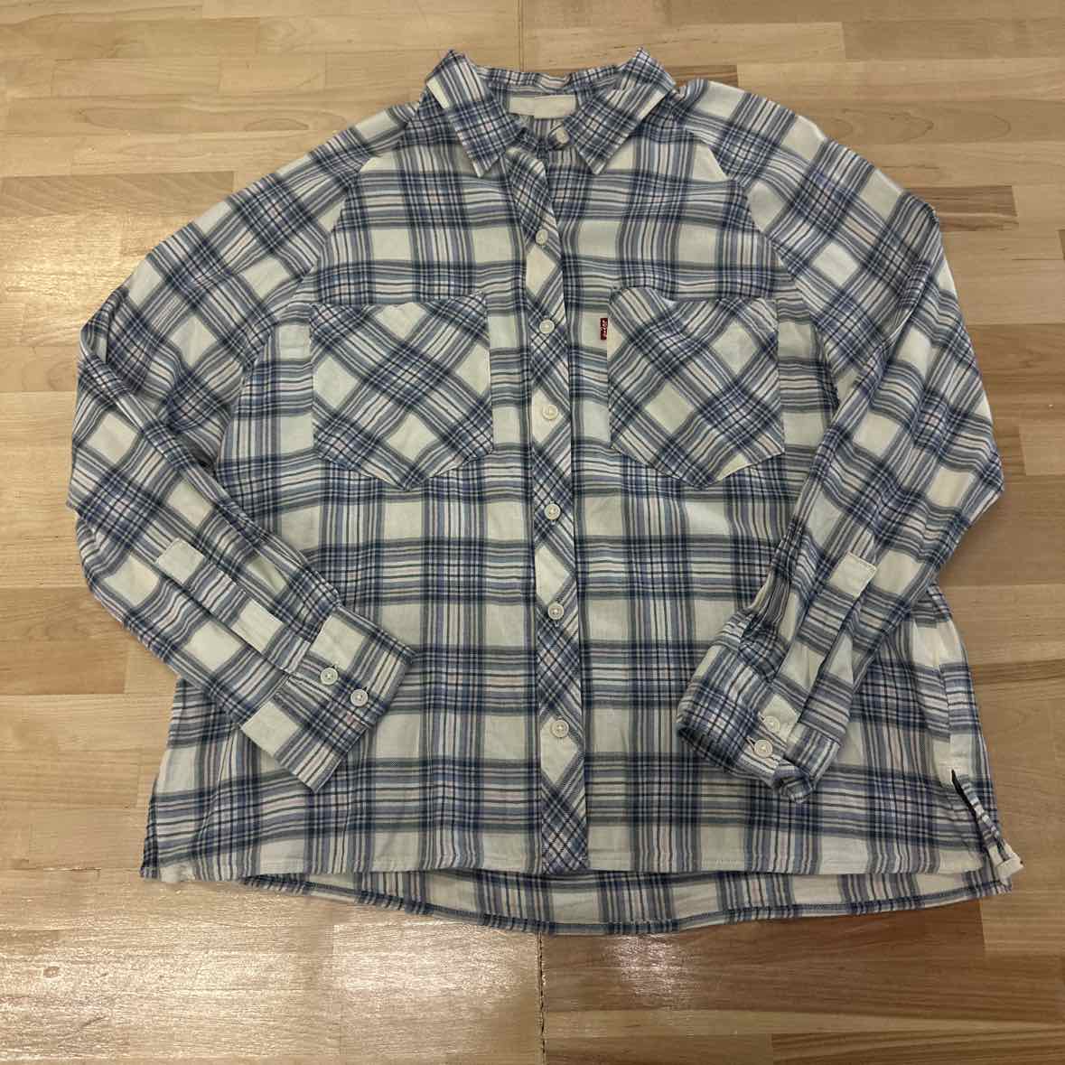 Levi's Size XS Pink Blue Button Down Harrison Raglan Shirt- Clayton Plaid Indigo