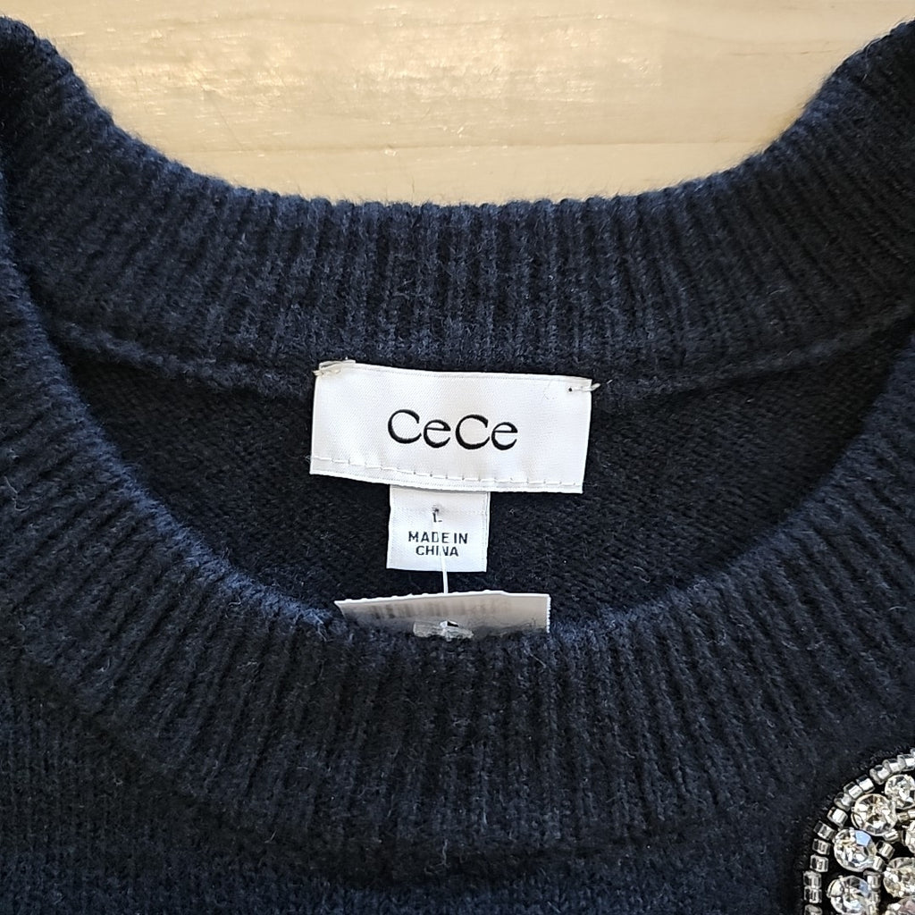 CeCe Women's Rhinestone Bow Crew Neck Sweater
