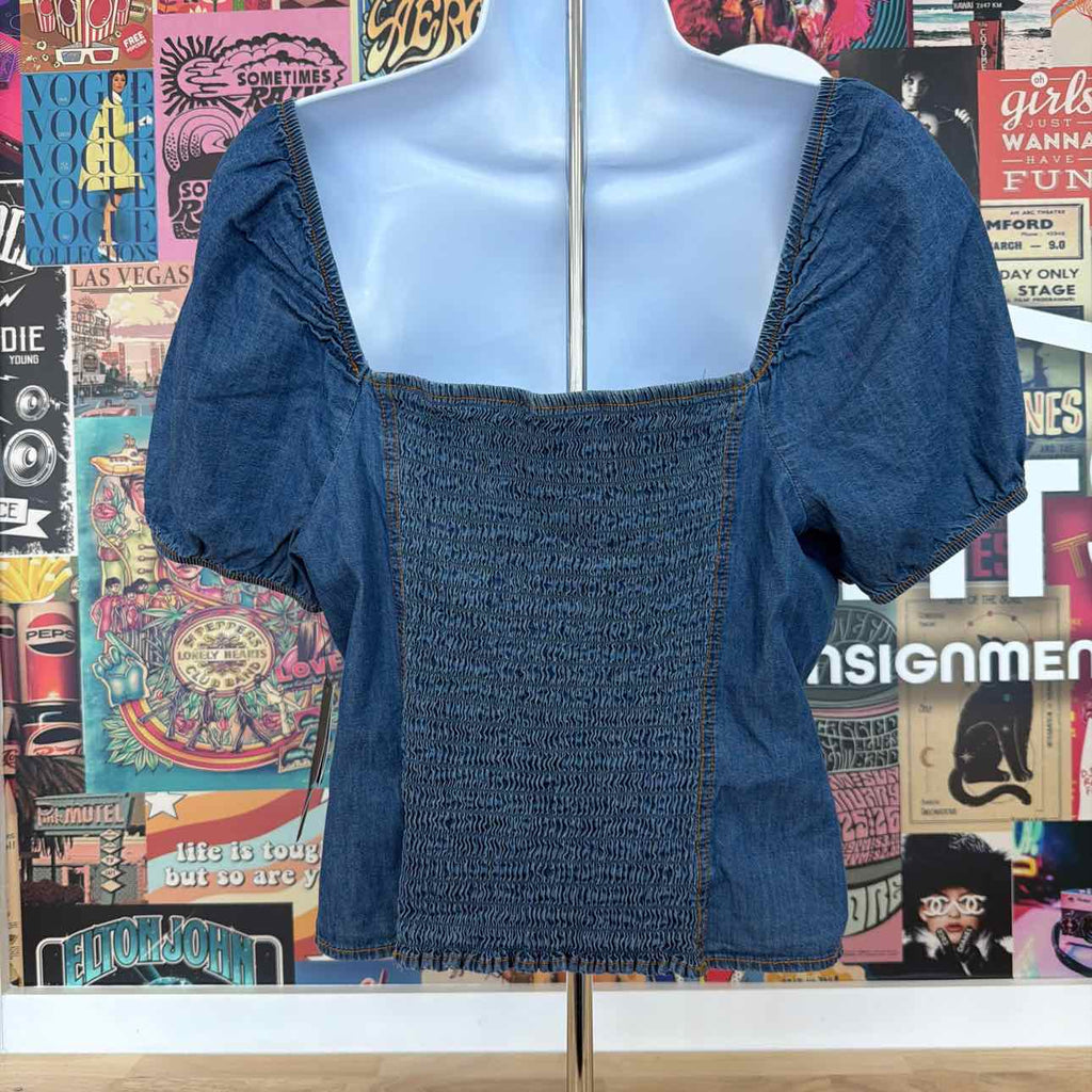 BCX Size XL Denim Puff-Sleeve Sweetheart-Neck Top