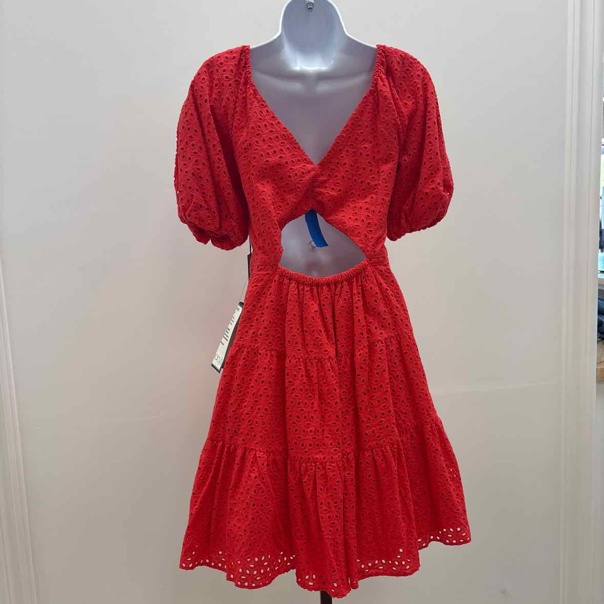 Vince Camuto Size 10 V-Neck Short-Puff-Sleeve Eyelet Dress