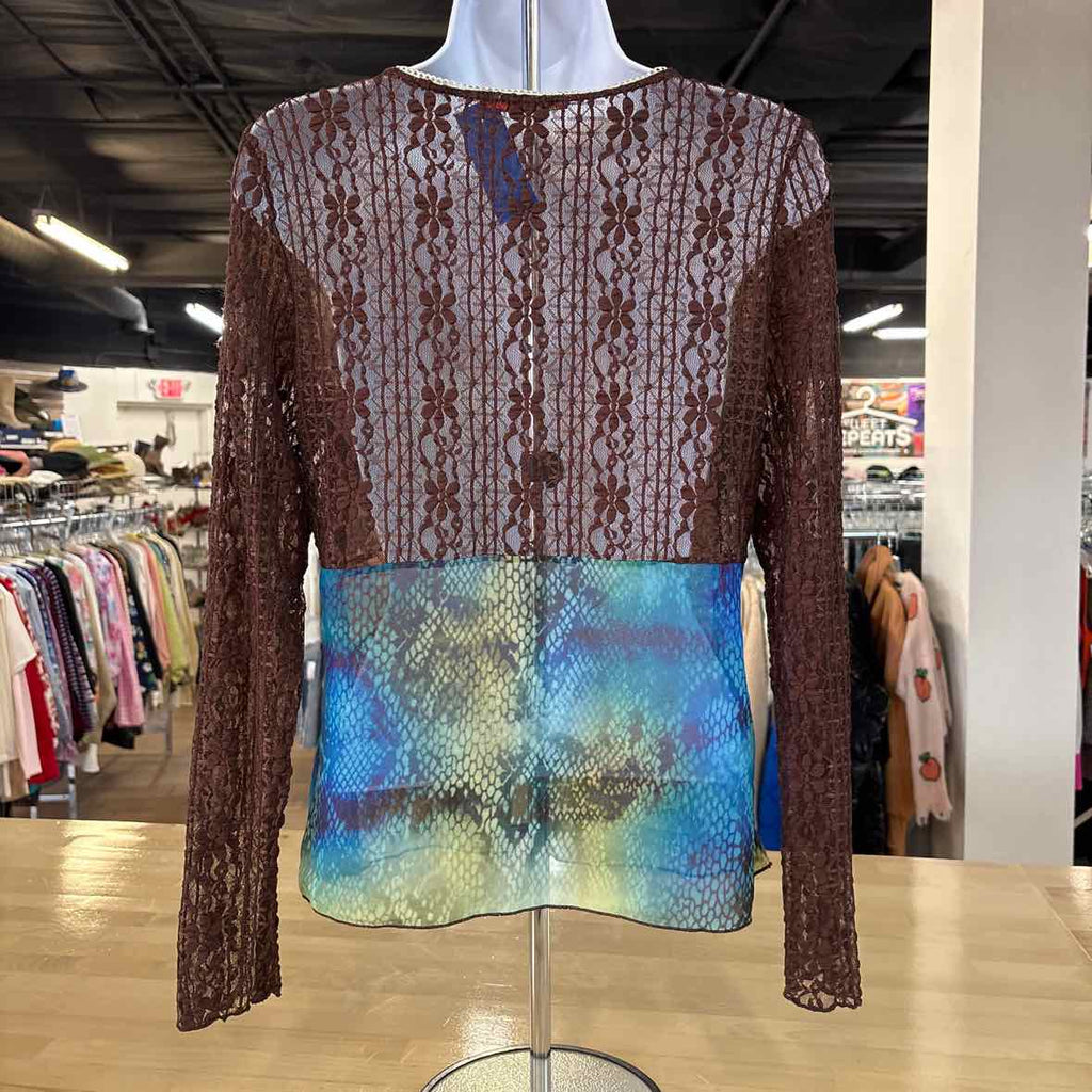 Topsy Turvy Size L Brown & Blue Blouse LS