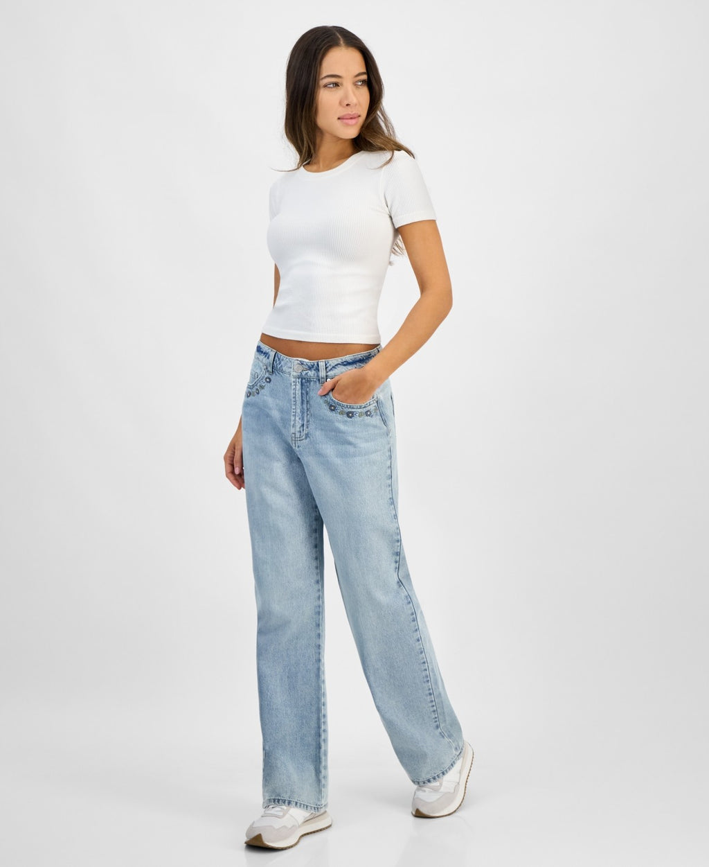 Indigo Rein Juniors' High-Rise Embroidered Wide-Leg Jeans - Light Blue - 9