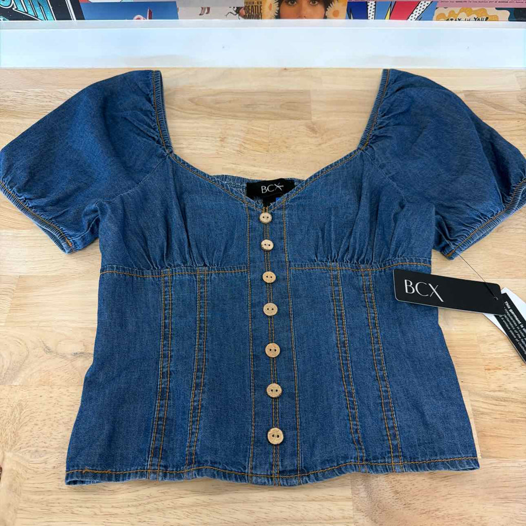 BCX Size XS Denim Puff-Sleeve Sweetheart-Neck Top