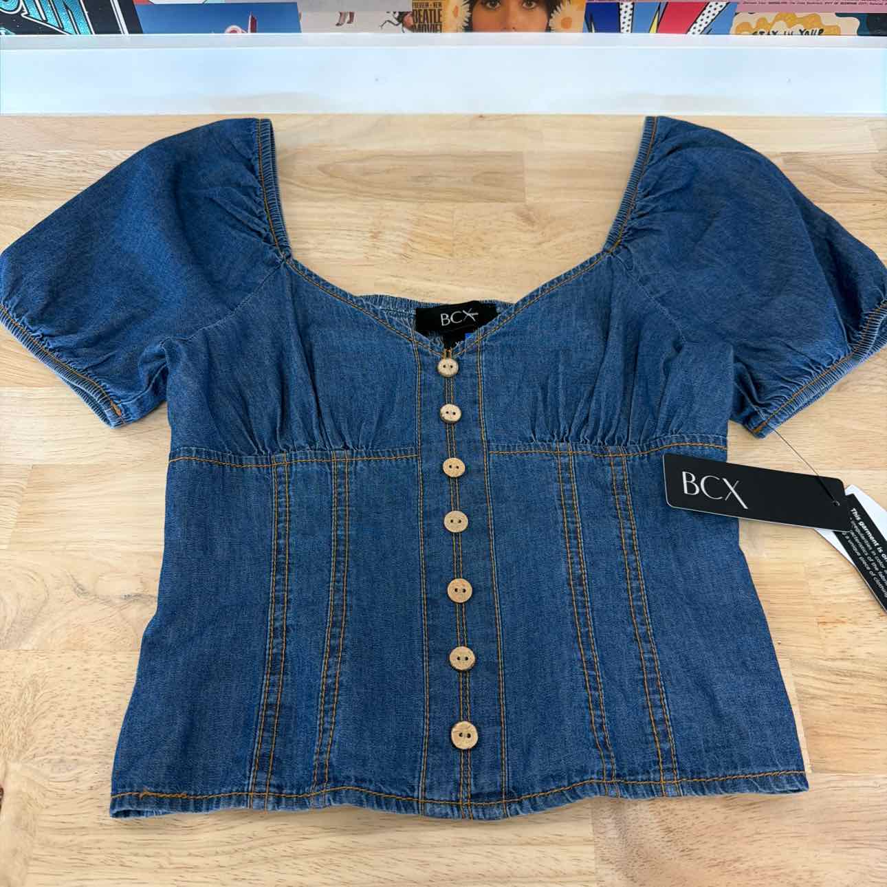 BCX Size XS Denim Puff-Sleeve Sweetheart-Neck Top