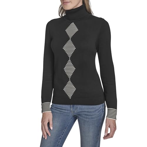 Tommy Hilfiger Women's Sportswear Long Sleeve Turtleneck Sweater, Black/Ivory Ar