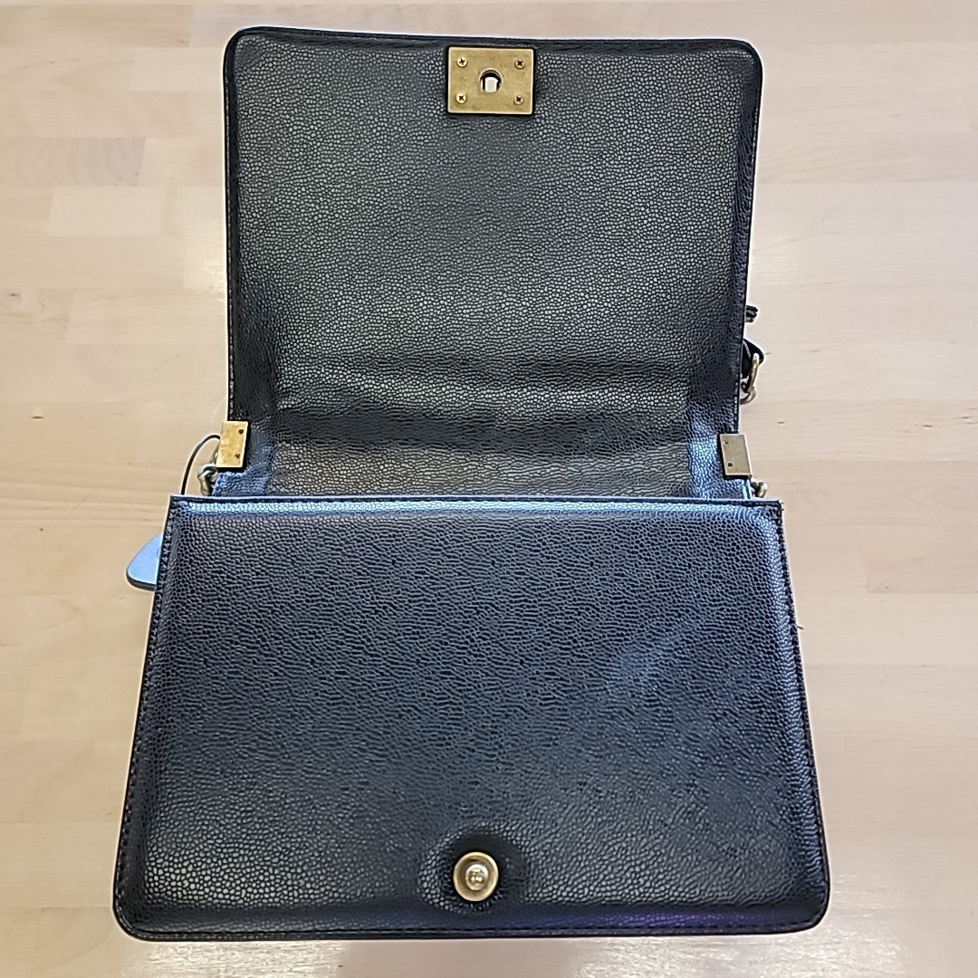 Chanel Large Boy Bag in Black Pebbled Leather with Antique Gold Tone Chain Strap