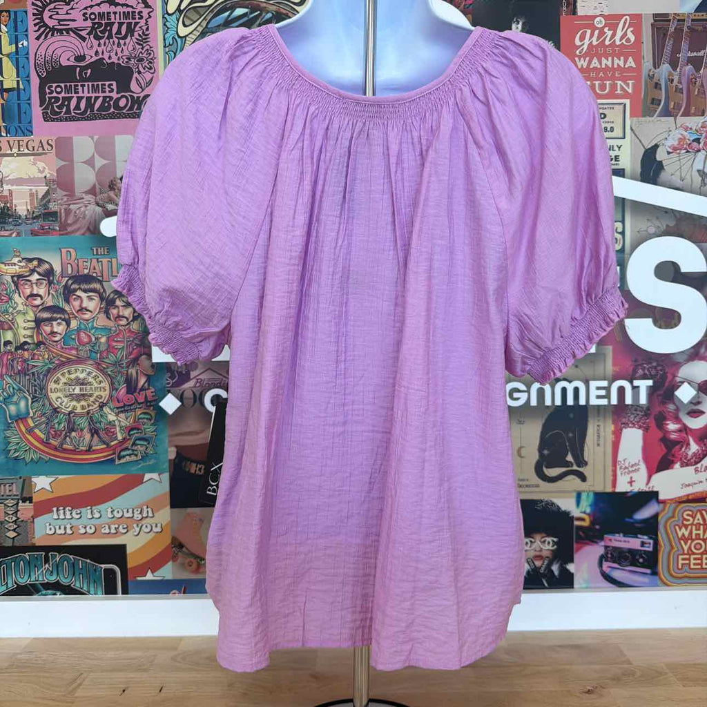 BCX Size L Puff-Sleeve Button-Front Knit Top