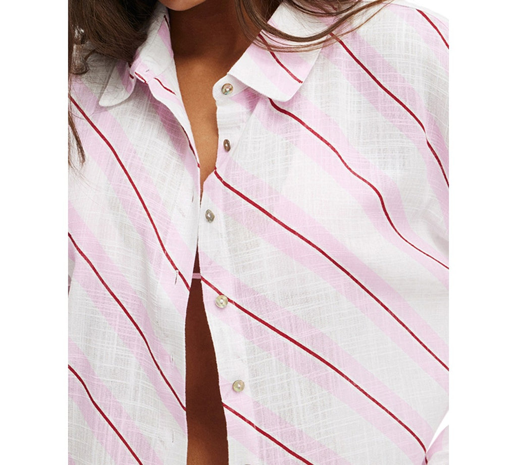 Cotton On Size S Essential Beach Cover-up Shirt - Coconut Milk/pink/garnet Red S