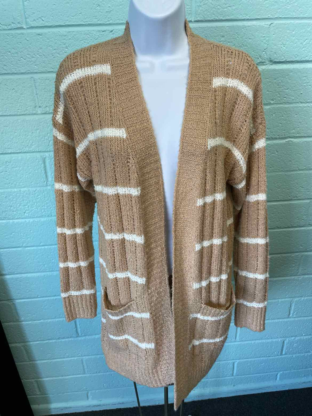 hippie rose Size XS Striped Open-Front Long Cardigan - Tan Stripe