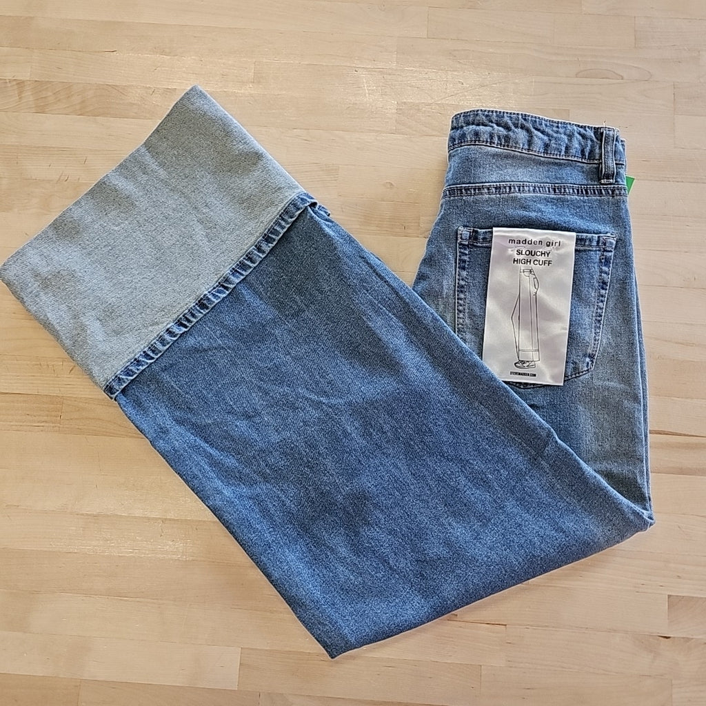 Madden Girl Juniors' High-Rise Slouchy Wide-Leg Cuffed Jeans - Medium Wash - 5