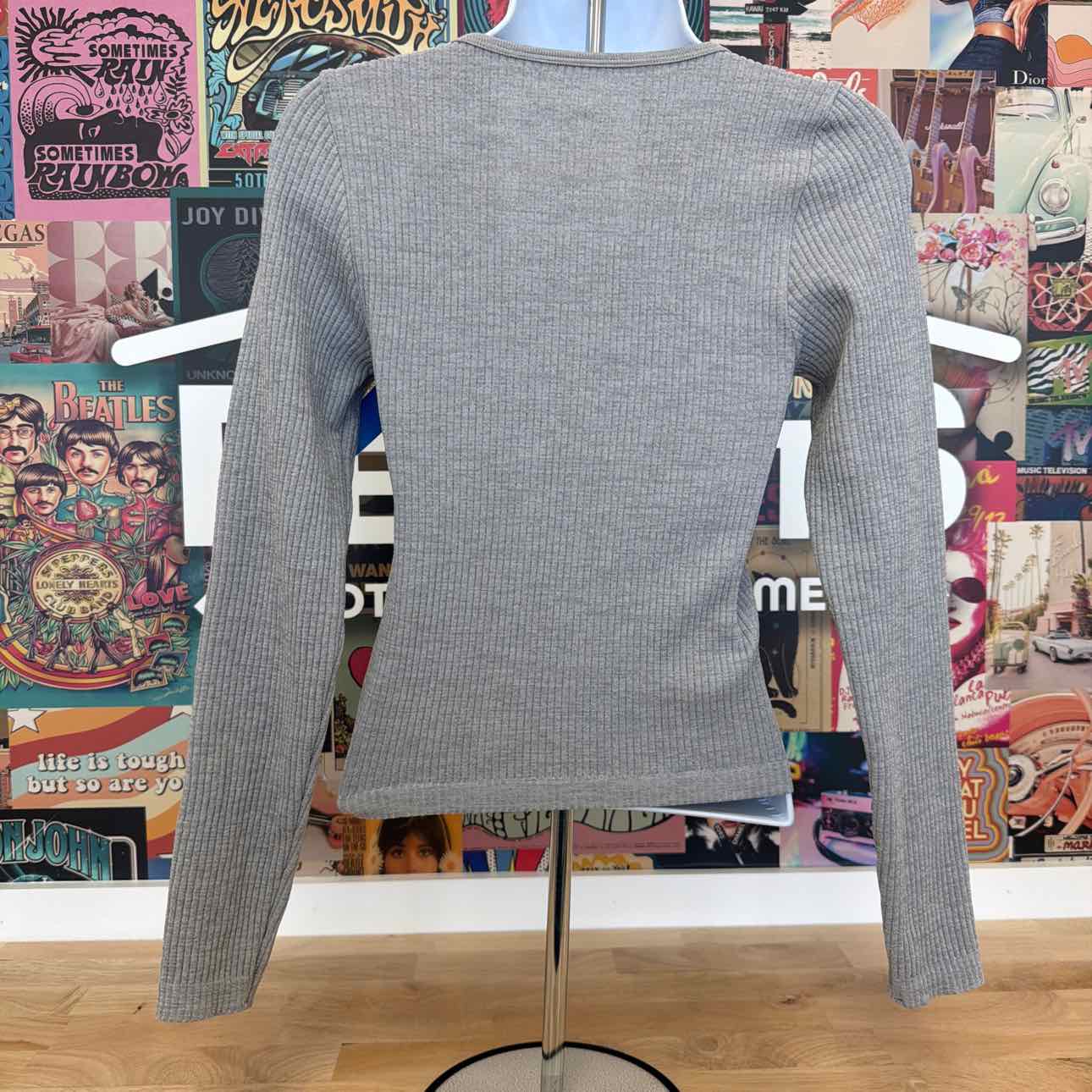 hippie rose Size S Notched Neck Glitter Ribbed Long Sleeve - Light Heather Grey