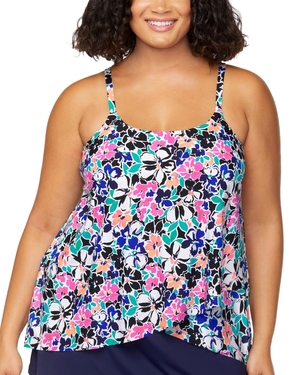 Island Escape Size 20W Plus Size Cape Town Draped Tankini Top - Black Multi