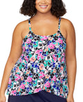 Island Escape Size 20W Plus Size Cape Town Draped Tankini Top - Black Multi